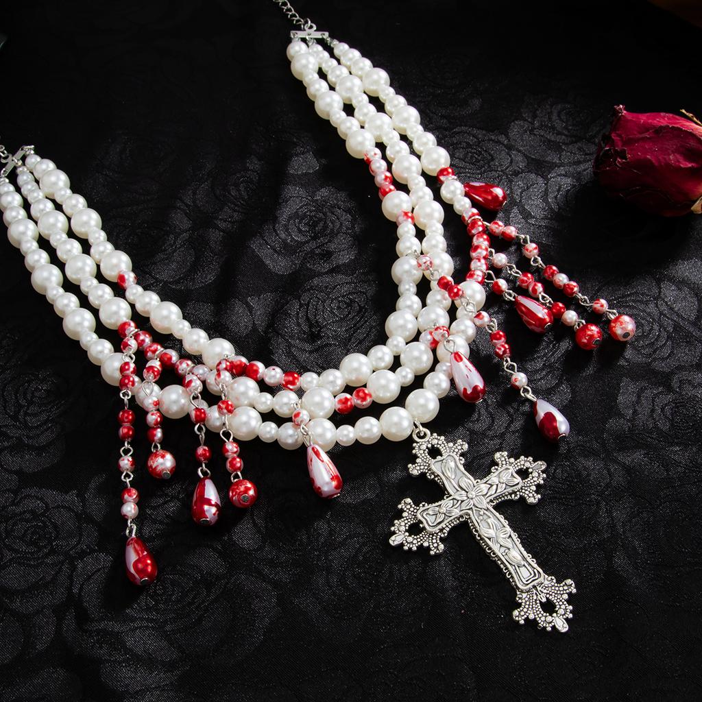 SHIXIN Goth Multi Layer Red Imitation Pearl Choker Necklace for Women Retro Jesus Cross Pendant Necklace Halloween Jewelry Gift