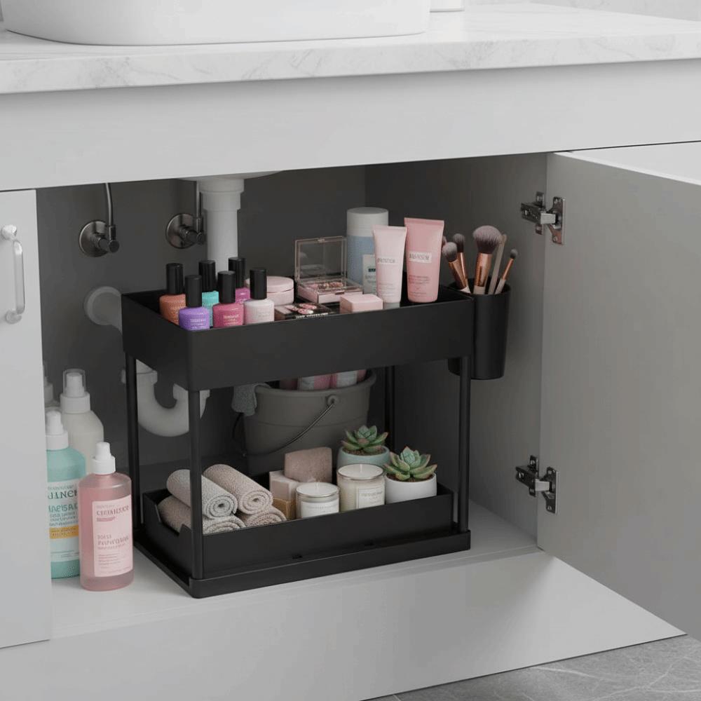 2 Tier Kitchen Sink Organizer With Hooks Multi-function Storage Rack Space-Saving Sliding Inner Basket Sliding Cabinet Basket
