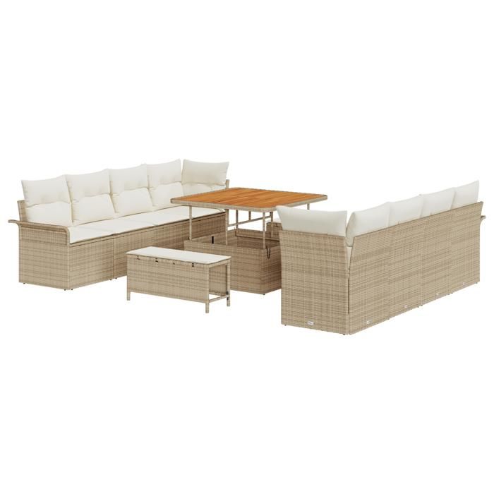 Ensemble de canapé jardin 11 pièces avec coussins beige en poly rotin acacia, Canapé jardin 2 places avec coussins beige 3362116