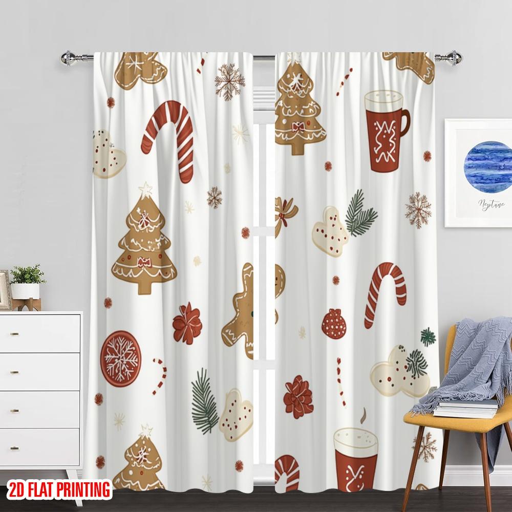 Set Of 2 Plane Printing Curtains Christmas Cookies Hot Chocolate Versatile Polyester Without Rod Sheer Made