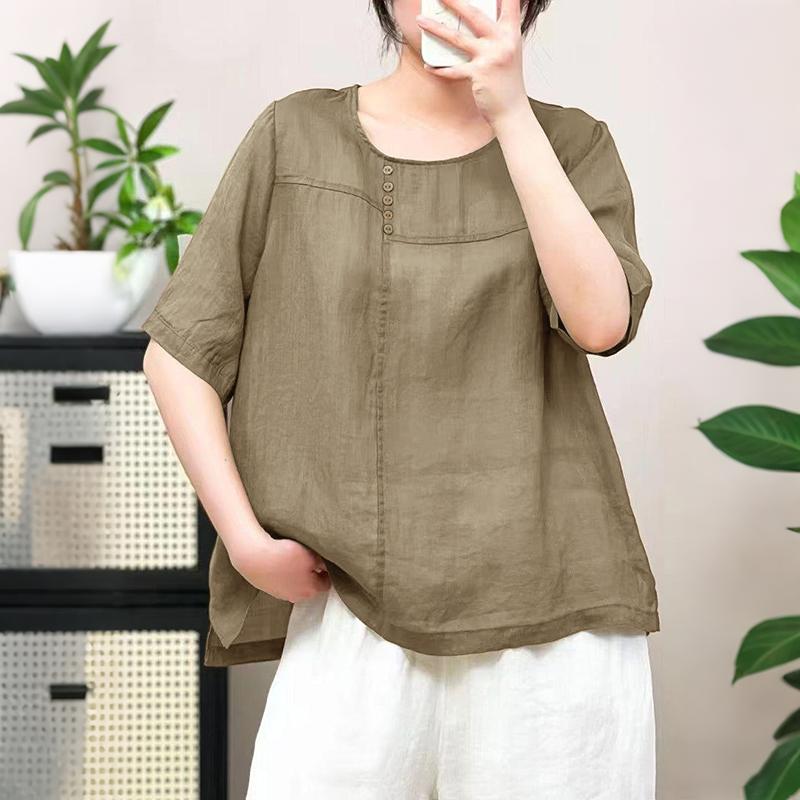 

ZANZEA Женская повседневная блузка с круглым вырезом, однотонная, летняя, с коротким рукавом 5XL хаки