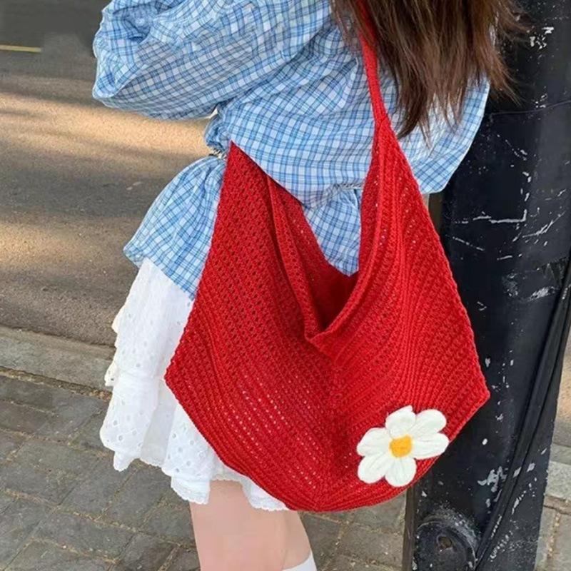 Large capacity woven tote bag women's exquisite flower knitted oblique span bag seaside leisure vacation beach bag