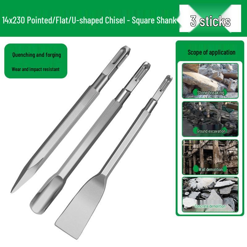 Electric Hammer Drill Bit Set: Square/Round/Hex Shanks, Ultra-Thin Flat/Point Chisel, Shovel, Slotted Wall-Cutting Chisel Head.