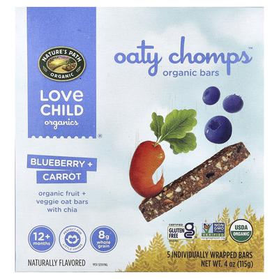 Love Child Organics, Oaty Chomps™, Organic Bars, Blueberry + Carrot, 12 Months+, 5 Individually Wrapped Bars, 0.8 Oz (23 G) Each