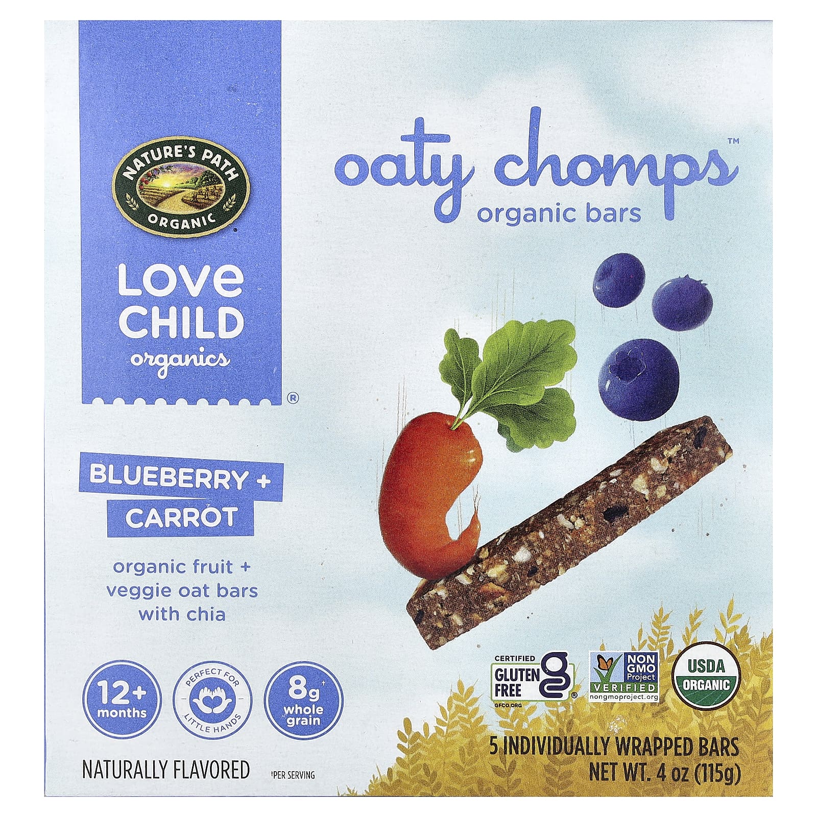 

Love Child Organics, Nature s Path, Овсяные батончики Oaty Chomps™ Organic, 12+ месяцев, Черника + Морковь, 5 батончиков в индивидуальной упаковке, 0,8 унции (23 г) Каждый