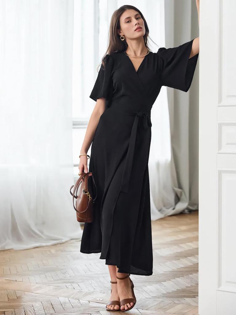 Elegant V-Neck Summer Evening Dress with Cinched Waist and Slit, Short Sleeve
