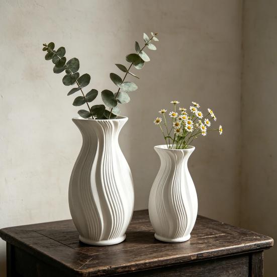 Small White Faux Ceramic Vase Minimalist Modern Pampas Grass Vase Decorative Flower Holder for Table Fireplace Shelf Living Room Decor