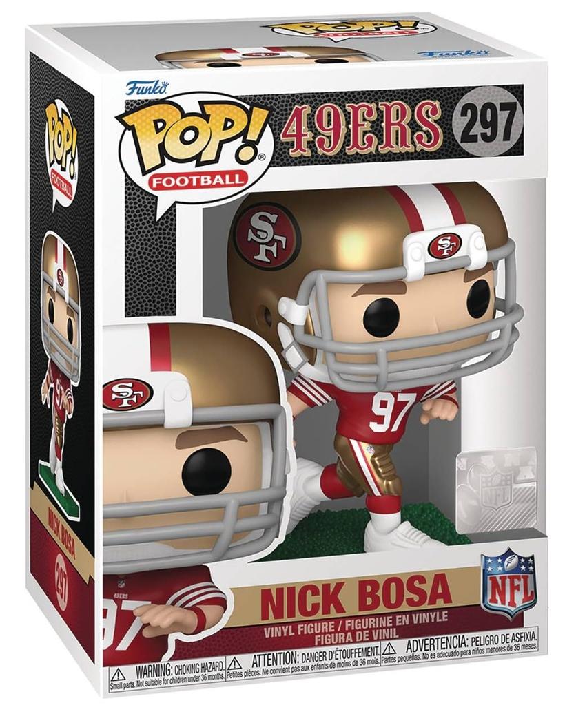 POP Football: Nick Bosa (Running) (Red & Gold Home Uniform) Funko Vinyl Figure (Includes Compatible Box Protector Case), Multicolor, 9.5cm