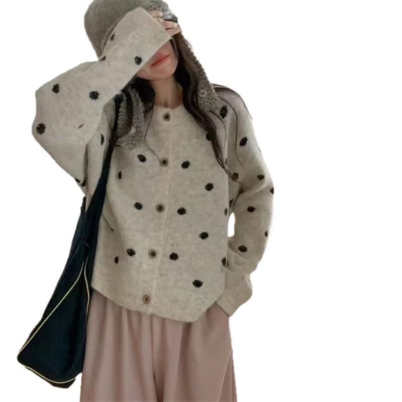 Korejský kardigan s kulatým výstřihem a puntíky, dámský podzimní zimní volný ležérní styl, všestranný svetr