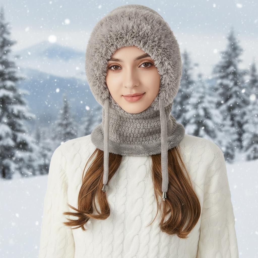 Women Fleece Lined Knit Hat Set with Scarf and Mask Women 3 in 1 Windproof Beanie Hat Hooded Skull Cap Cold Weather Protection