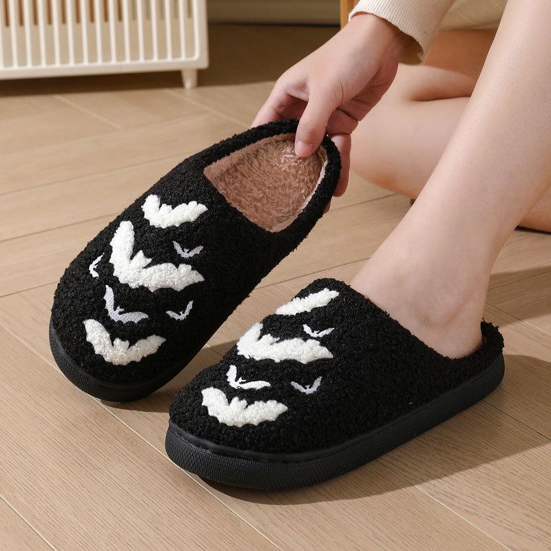 Fashion Halloween Cartoon Bat Cotton Slippers Women Black White Short Plush Warm Slides Woman Winter Indoor Light Cotton Slippers Mujer