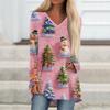 Ladies' Fashionable Casual Christmas Printed T-shirt Long Sleeved V-neck Mid Length Top