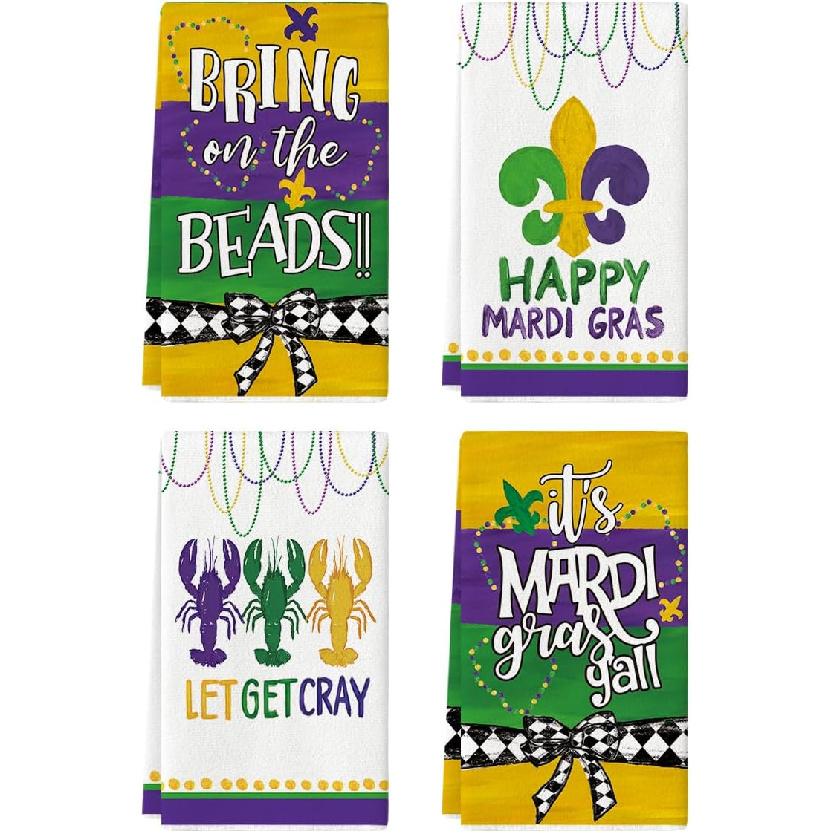 Artoid Mode Let s get Cray Edge Mardi Gras Carnival Kitchen Towels Dish Towels, Seasonal Holiday 18x26 Inch Seasonal Decoration Hand Towels Set of 4