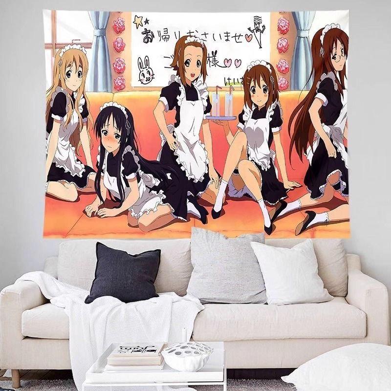 Cute Anime Maid Girls Tapestry Wall Hanging Kawaii Japanese Pink Illustration Fun Aesthetic Wall Art Bedroom Dorm Decor