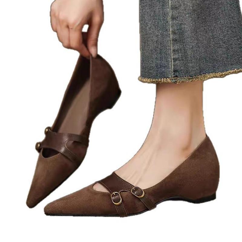 New retro pointed head shallow mouth single shoes women's flat bottom inner height increase temperament versatile commuter work shoes