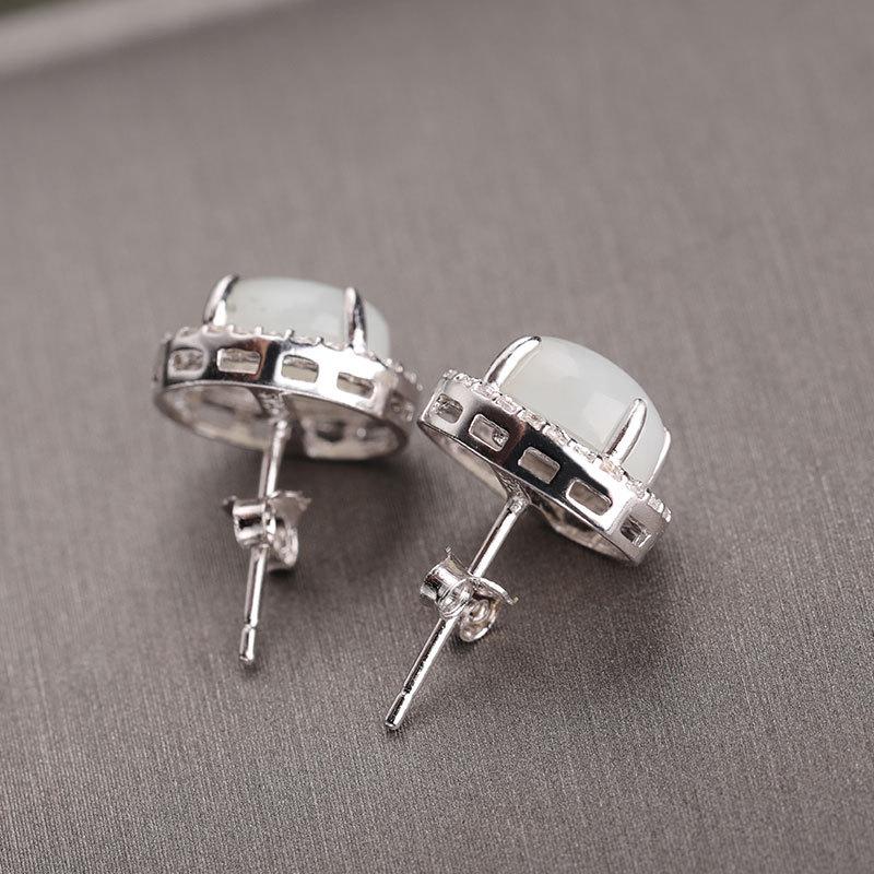 925 Sterling Silver Hetian Jade Stud Earrings with Certificate - Simple Ancient Hanfu Cheongsam Style White Jade Earrings