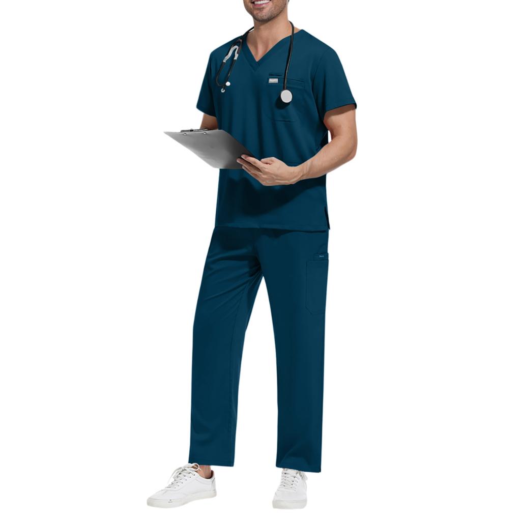 Men's Loose And Comfortable V-neck Short Sleeved Workwear With Tie Up Top And Waist Cinching Beauty Suit Set