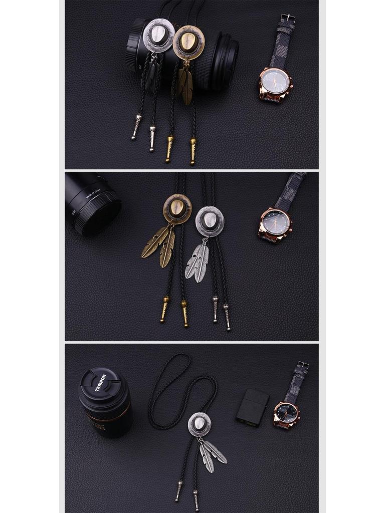 Retro Cowboy Jazz Hat with Feather & Cowhide Bolo Tie