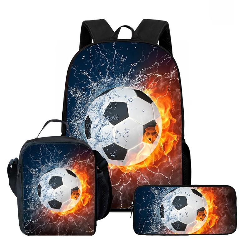 Kids School Backpack Set With Lunch Bag Pencil Case - Football Print Oxford Fabric Ergonomic Design Elementary Students