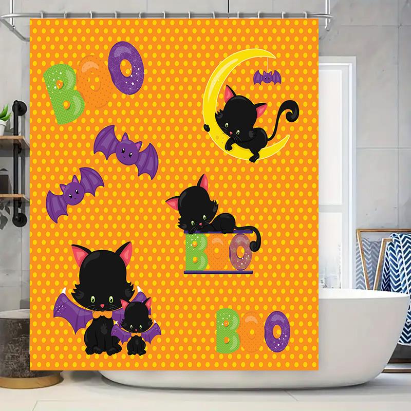 

Halloween Cat Bat Letter Print Shower Curtain Decoration Home Bathroom Decorations Waterproof Fabric 80X175Cm (Yellow) W60H190(CM)-1 Pcs