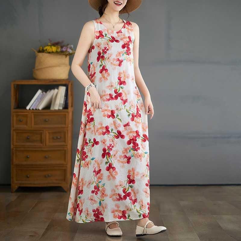 New Bohemian Long Dresses Summer New Sleeveless Round Neck Printed Dresses