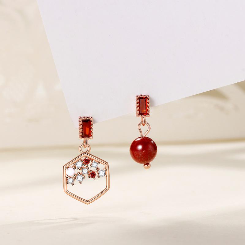 New Geometric Asymmetry Acacia Bean Burgundy Niche Design Bee Honeycomb Stud Earrings Earrings Women