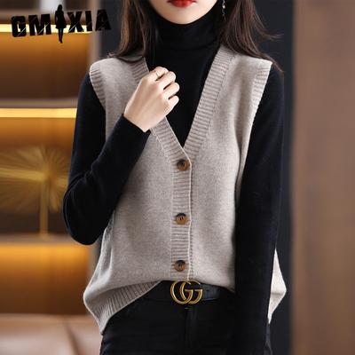 Spring and Autumn Fold Wear Slim Slim Simple Loose Solid Color Knitted Cardigan Vest Sweater Women's Waistcoat Wear