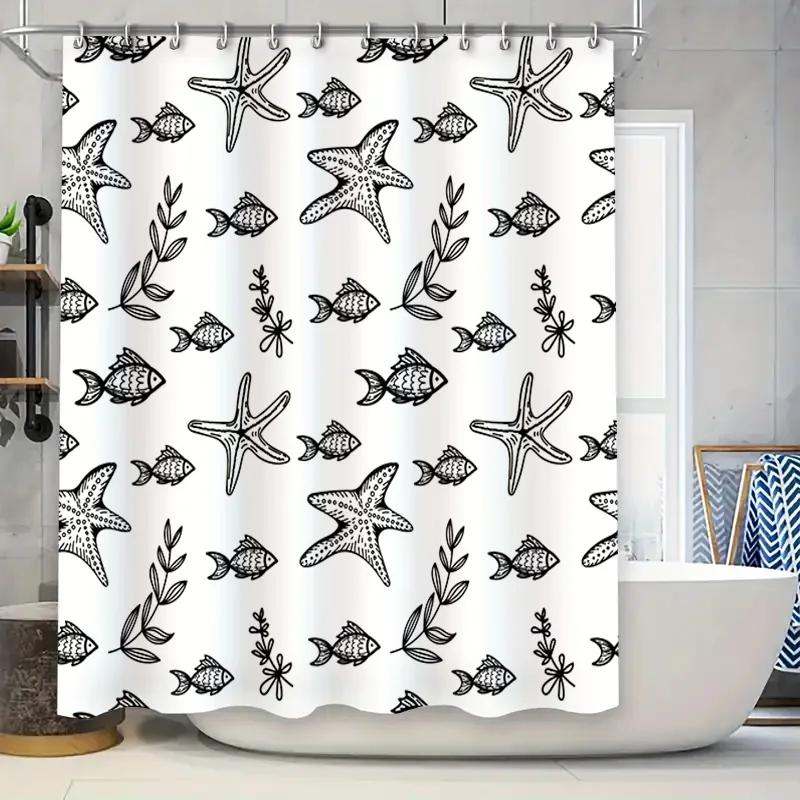 

Ocean Life Black White Shower Curtain Bath Decor Featuring Fish Starfish Design Polyester Fabric Easy Install Hook Rings Include W60H190(CM)-1 Pcs