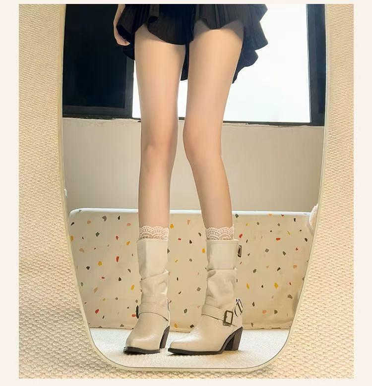 Women's Retro White Chunky Heel Martin Boots with Pointed Toe - Autumn/Winter 2025 Fashion Collection.