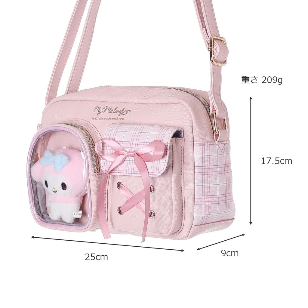 Sanrio Characters Checkered Shoulder Bag with Plush 16 X 22 X Synthetic Leather Toy, 7.5cm, (My Melody)