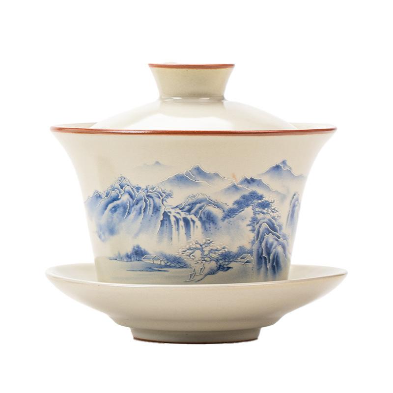 Hovering Lid Bowl Non-Scalding Handheld Chinese Retro Ceramic Ru Kiln Tea Bowl High-End Household Kung Fu Tea Set