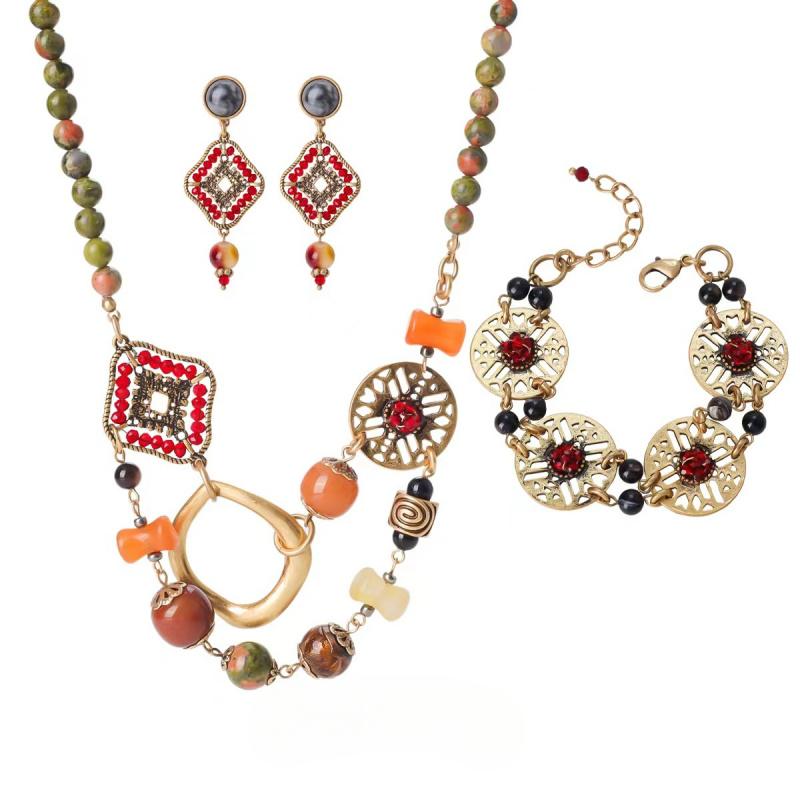 Fashion Retro Style With Auspicious Patterns Glass Flower Women'S Necklace Earrings Bracelet Jewelry Set