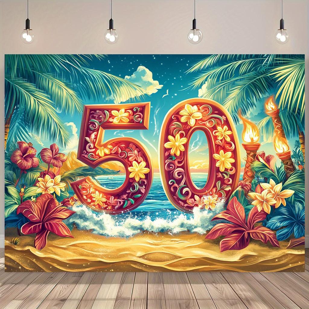 Bannière de Fête Tropicale sur la Plage pour le 50e Anniversaire d'Hawaï - Fleurs d'Hibiscus Vibrantes et Fond de Palmiers