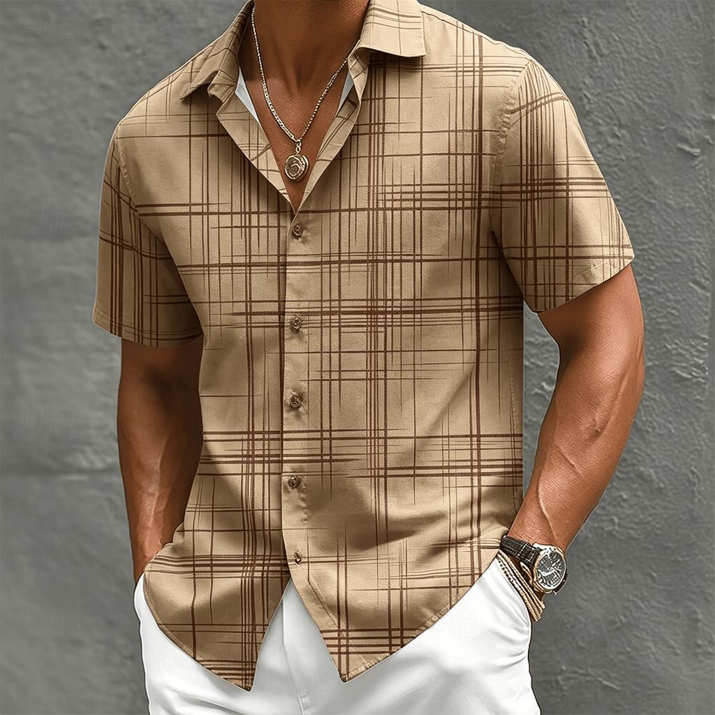 Men's Abstract Geometric Line Print Shirt,  Beach Vacation Casual Wear for Men