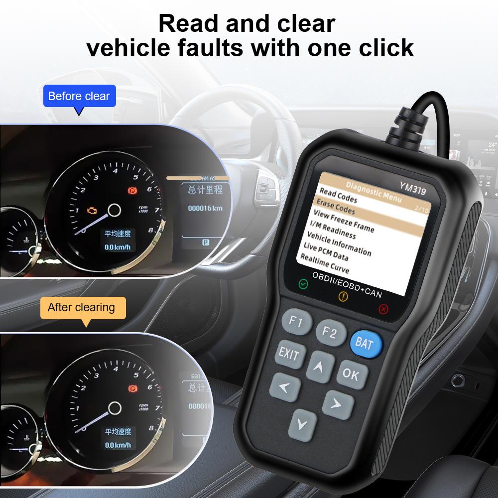Tester baterií Vícejazyčný systém kontroly motoru YM319 Vymazání/vymazání kódů Čtečka kódů Diagnostický nástroj automobilu OBD2 Skener