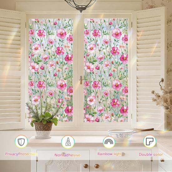 Rainbow Window Privacy Film, Decorative Static Cling Stickers, Heat Control & UV Blocking Glass Cling, Waterproof 100x45cm Static Glass Sticker for