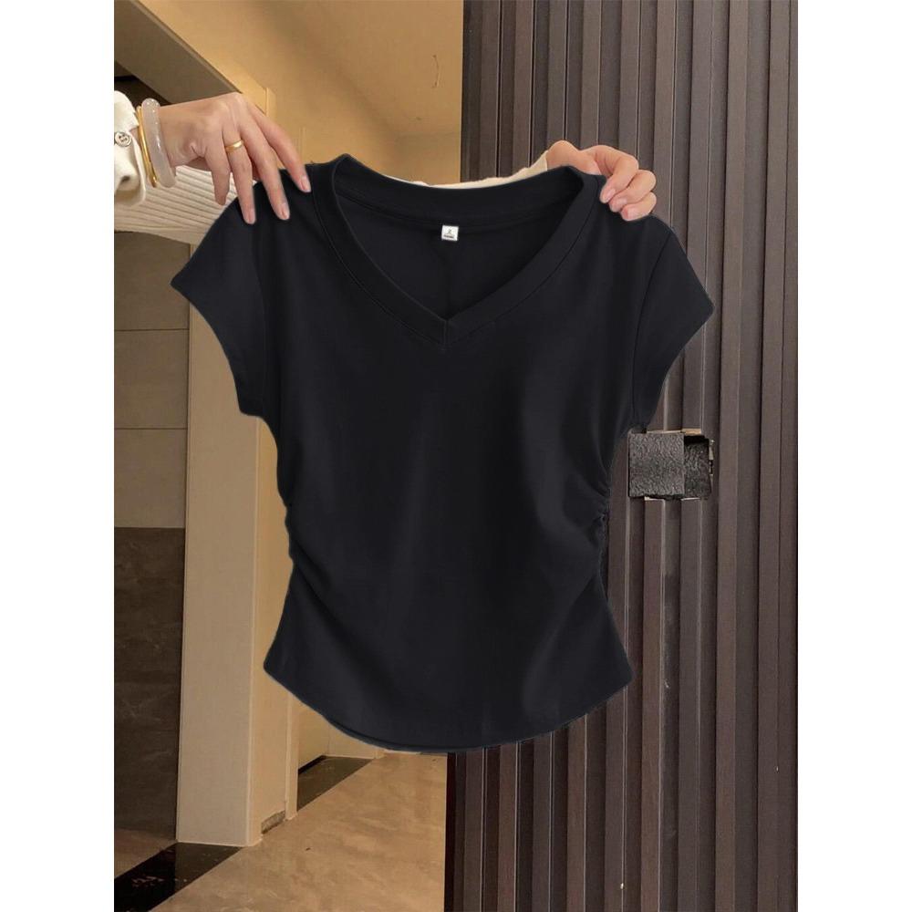 Cotton Blue Shoulder Short Sleeved T-shirt for Women In Summer, Slim Fit and Stylish, Pleated Waist Cinching Short T-shirt Top