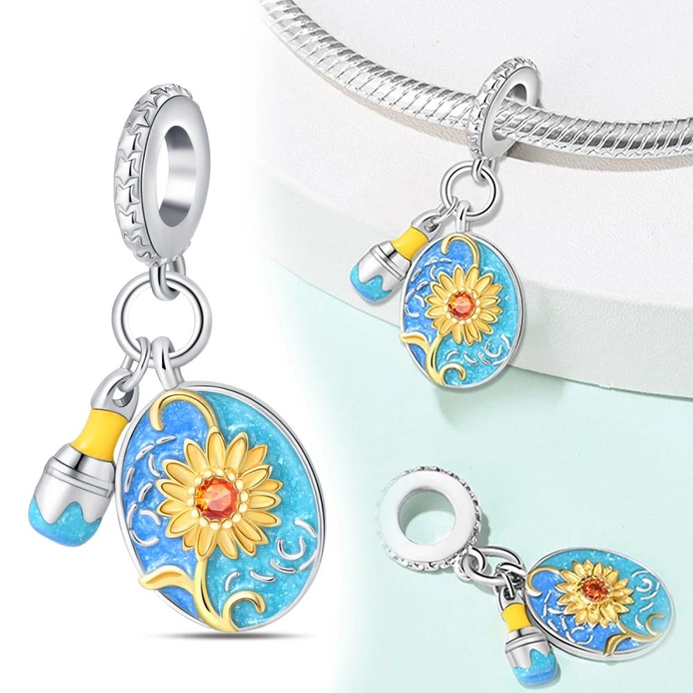 Copper Color Eggshell Painter'S Palette Artist Charms Beads Fit Pandora Original Bracelets For Women Diy Fine Jewelry Gift