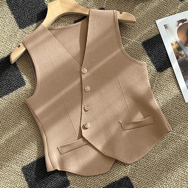 French Retro V-Neck Single-Breasted Irregular Sleeveless Slim Knitted Vest For Women