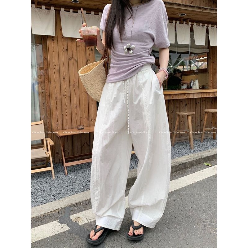 Idle Style Drawstring Matchet Pants Light Blue Casual Pants Women's Autumn Loose Loose Pants Easiest for Match Mop Pants Pants