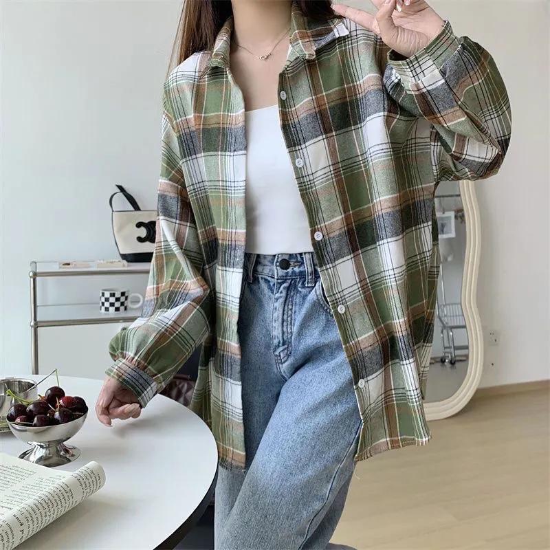 Kareli Gömlek Kadın Sonbahar Uzun Kollu Üst Kadın Vintage Moda Tek Düğmeli Bluz Bayan Preppy Tarz Bol Kareli Gömlekler