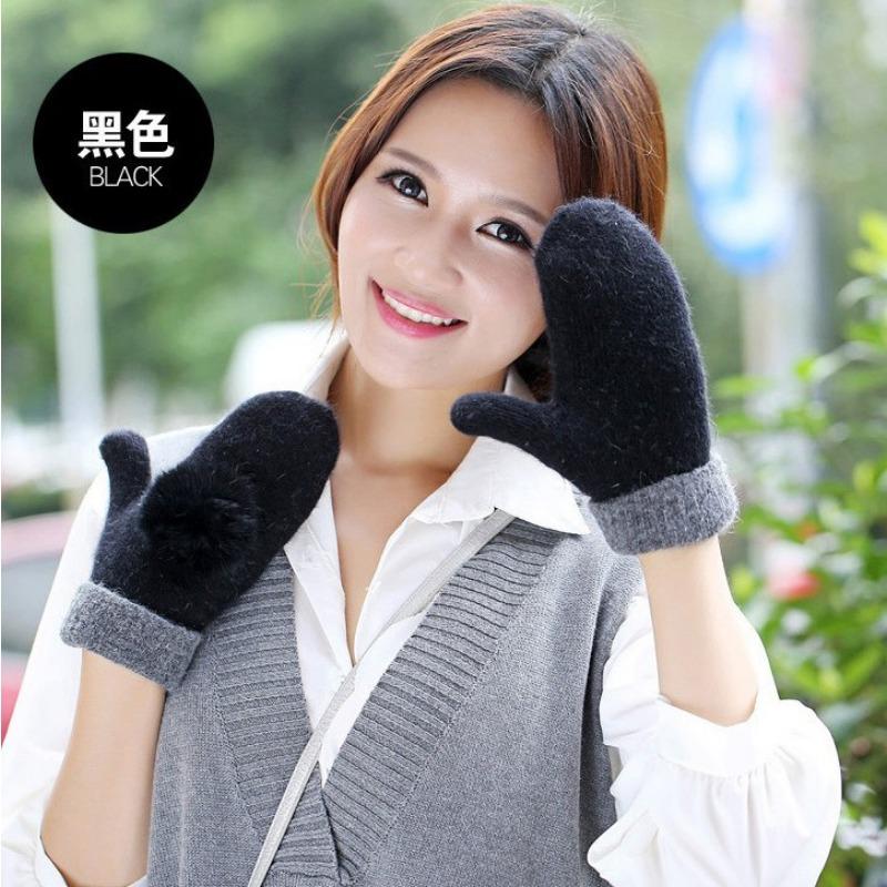Autumn and winter gloves, wool women, super thick warm rabbit hairball double-layer thickened knit gloves