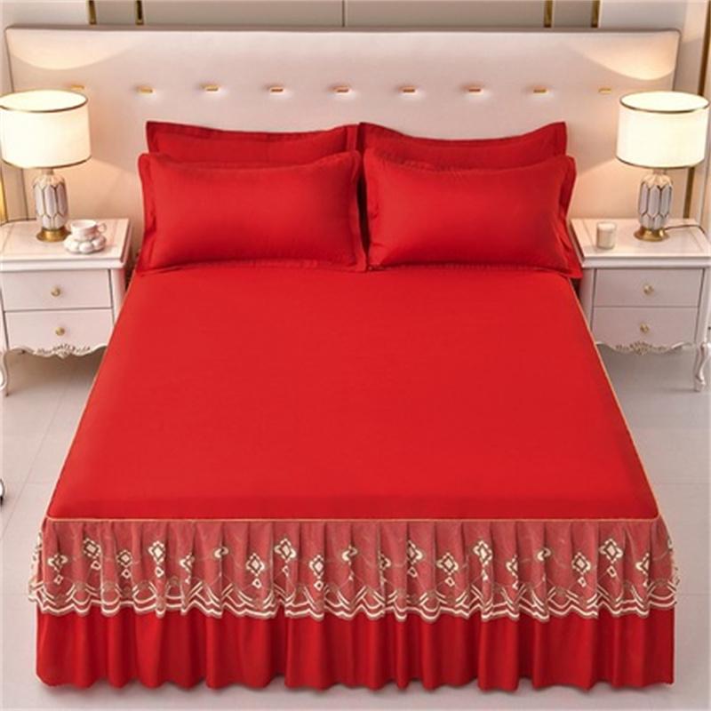 Lace Bed Skirt with Pillowcase Solid Color Bed Cover Skin-friendly Mattress Protector Cover Brushed Bed Linen for Home
