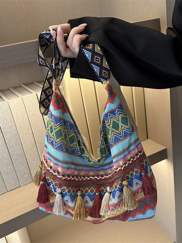 2025 Fashion Ethnic Tassel Canvas Shoulder Crossbody Tote - Large Capacity