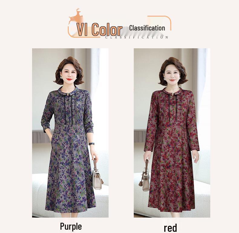 2026 Spring Retro Print Long Sleeve Knee-Length Dress for Middle-Aged and Elderly Moms - Stylish and Elegant Skirt