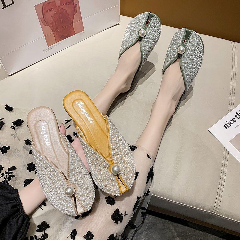 Slippers Summer New 2025 Fashion Rhinestone Home Women's Mules Shoes Elegant Mirror Luxury Designer Flat Low Sandals Woman House