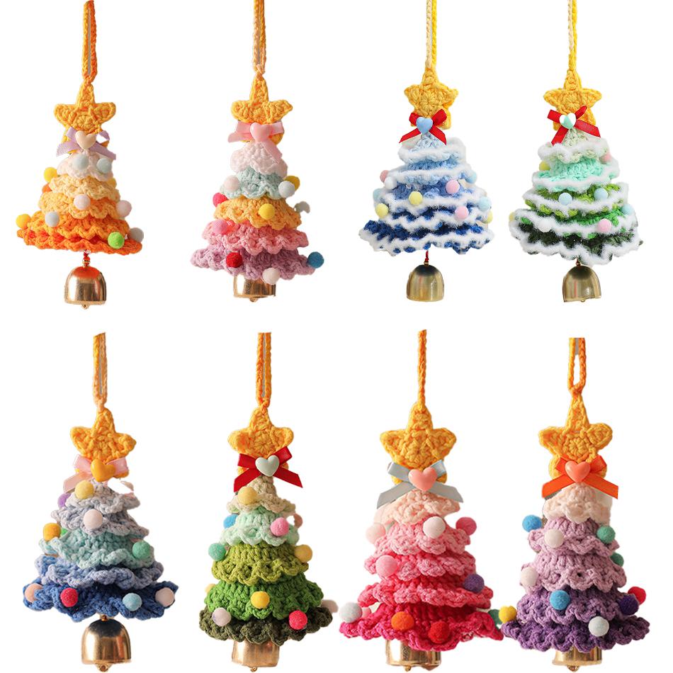 Knitted Christmas Tree with Jingle Bell Plush Christmas Hanging Pendant Wool Crochet Christmas Tree for Christmas Party Decor