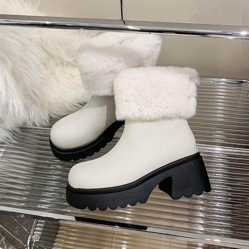 Herbst und Winter neue Mode Stiefel runde Spitze Reißverschluss hinten mittlerer Absatz dünne Martin Stiefel große Größe kurze flauschige Stiefel