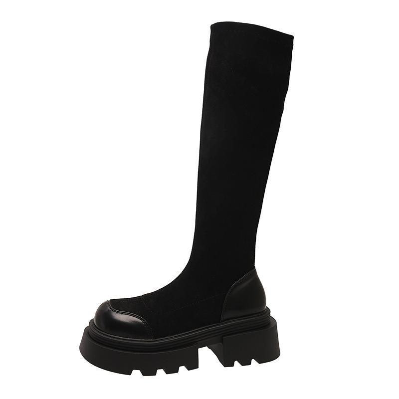 Thick-soled boots women's spring and autumn boots women's knee-length small black boots elastic thin tall knight boots
