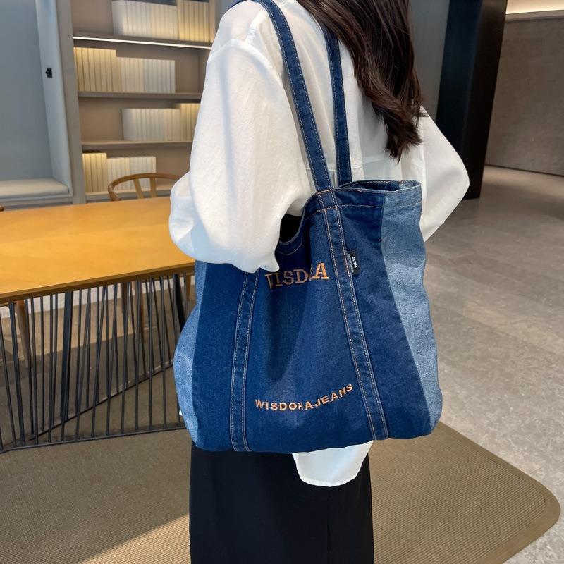 New Casual Denim Bag Women Large Capacity Shoulder Bag Letter Embroidery Denim Tote Bag
